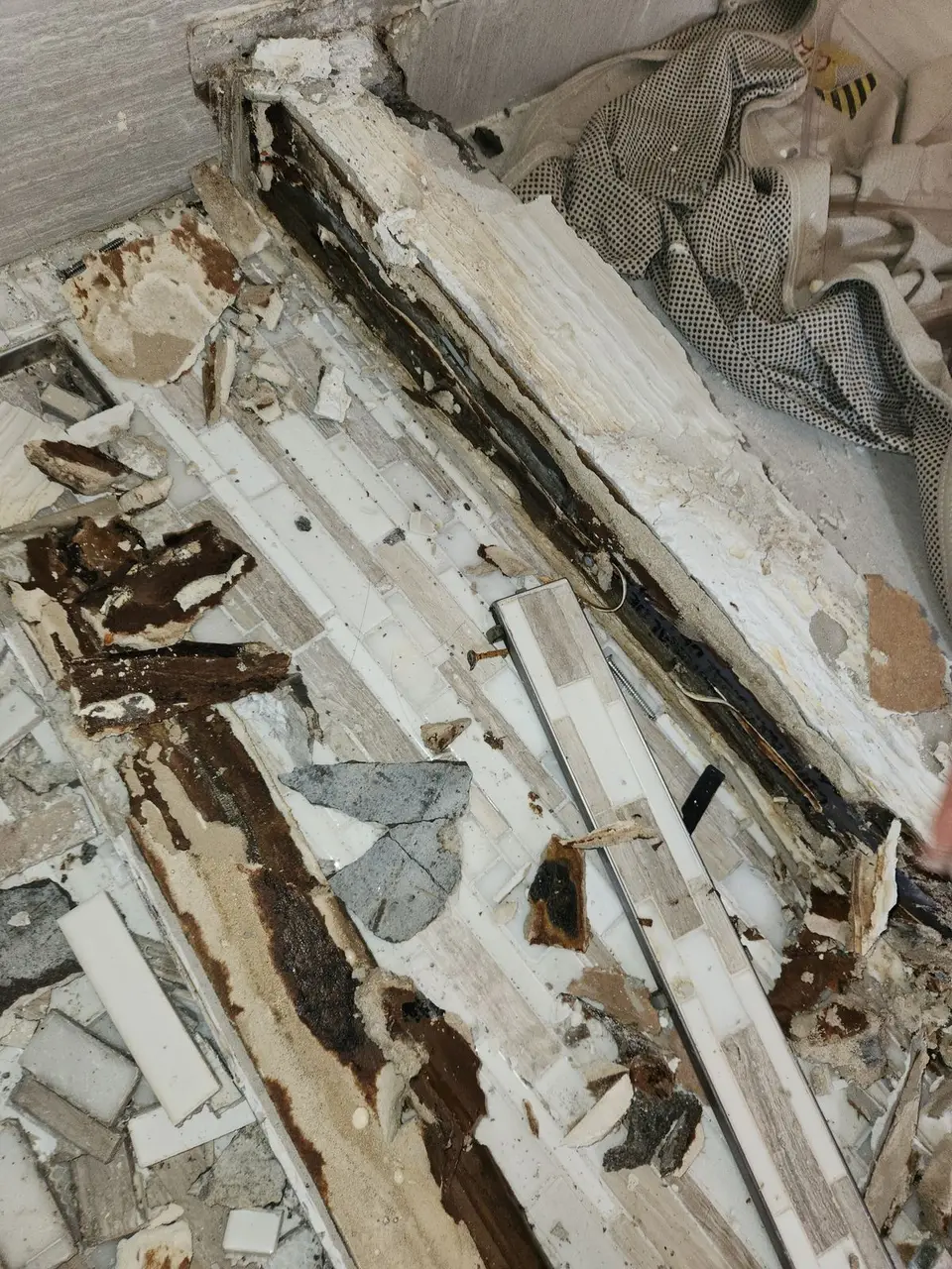 Demolition exposing old tile and damaged framing